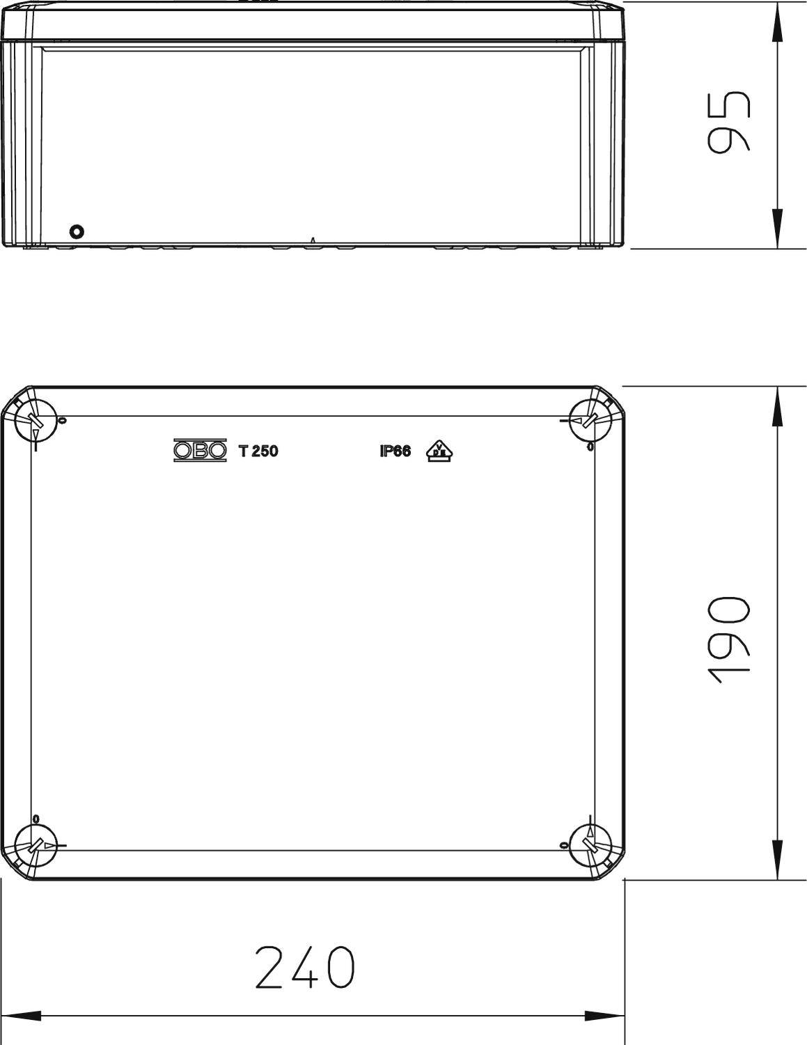 Elektrisches Gehäuse in rechteckiger Form mit Abmessungen 240x190x95 mm, IP68-Klassifizierung, geeignet für robuste Anwendungen.