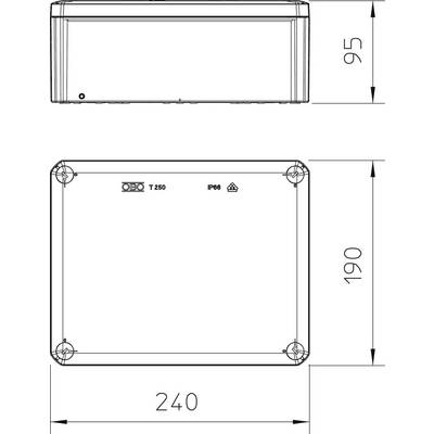 Elektrisches Gehäuse in rechteckiger Form mit Abmessungen 240x190x95 mm, IP68-Klassifizierung, geeignet für robuste Anwendungen.