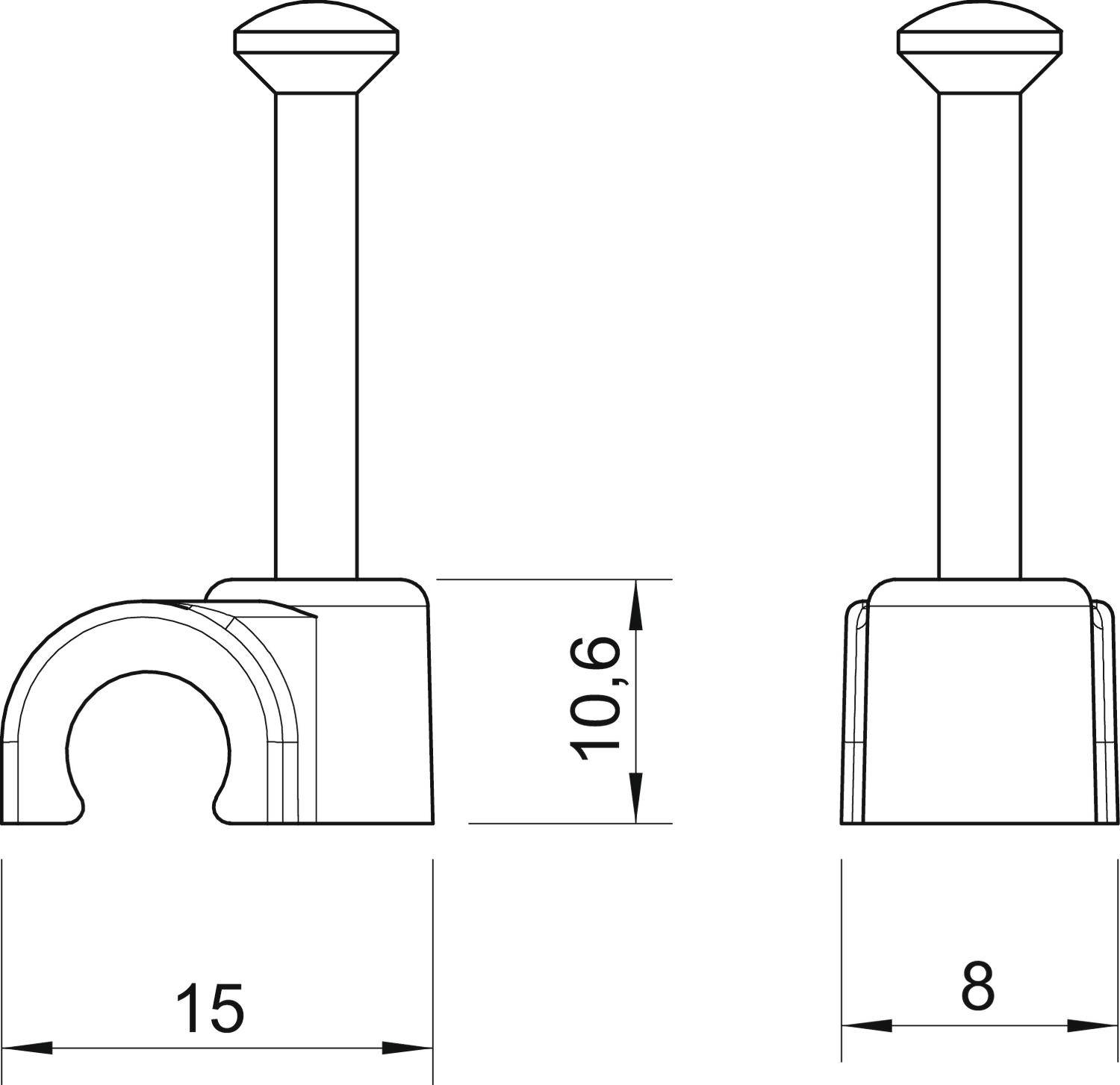 Technische Zeichnung eines Befestigungsclips mit den Maßen: Höhe 10,6 mm, Breite 15 mm, Tiefe 8 mm. Draufsicht und seitliche Ansicht.