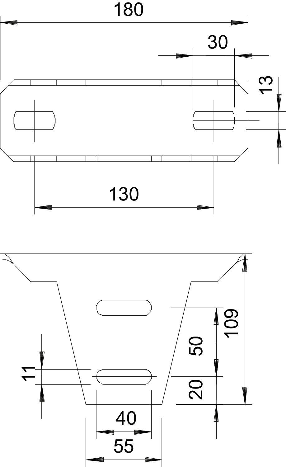 Technische Zeichnung mit zwei Ansichten eines Bauteils. Oben: Rechteck mit abgerundeten Ecken, 180x30 mm. Unten: Trapez mit Maßangaben.