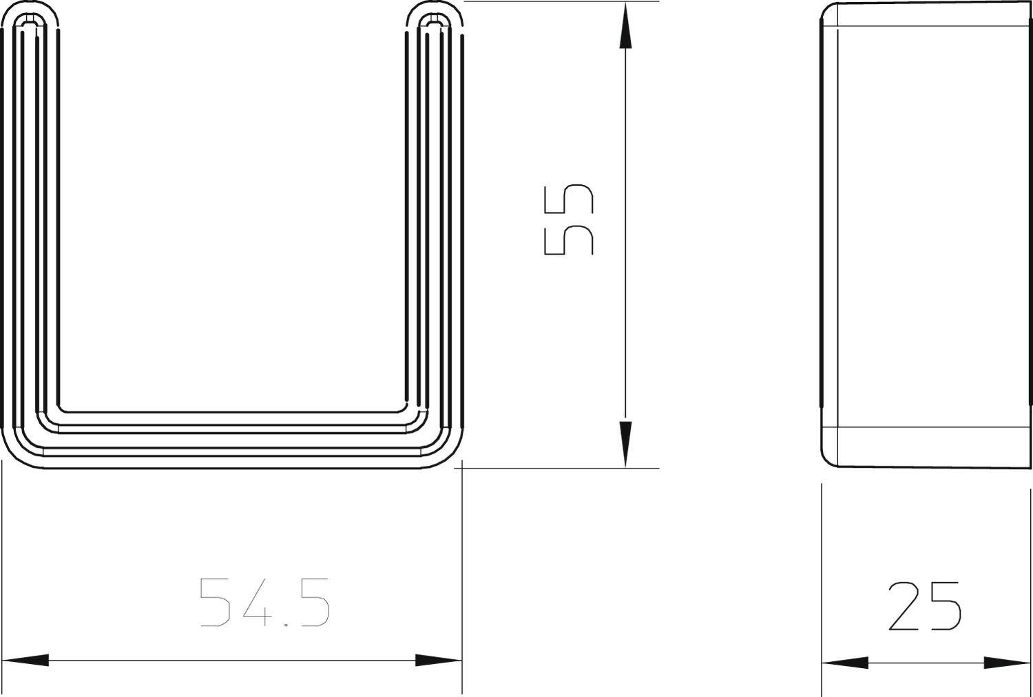 Technische Zeichnung eines U-förmigen Metallteils mit den Maßen: Höhe 55 mm, Breite 54,5 mm, Tiefe 25 mm. Ansichten von vorne und der Seite.