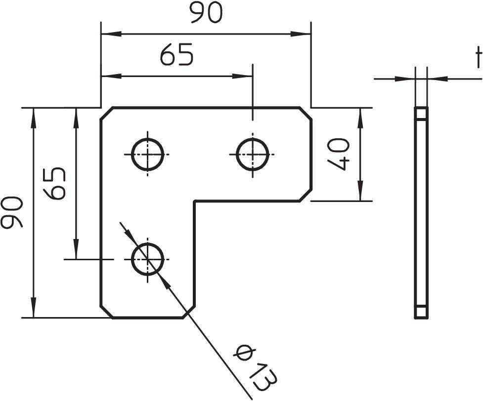 Technische Zeichnung eines L-förmigen Metallwinkels mit 4 Löchern; Maße: 90x90mm, 65mm Breite, 40mm Tiefe, Bohrungen Ø13mm.