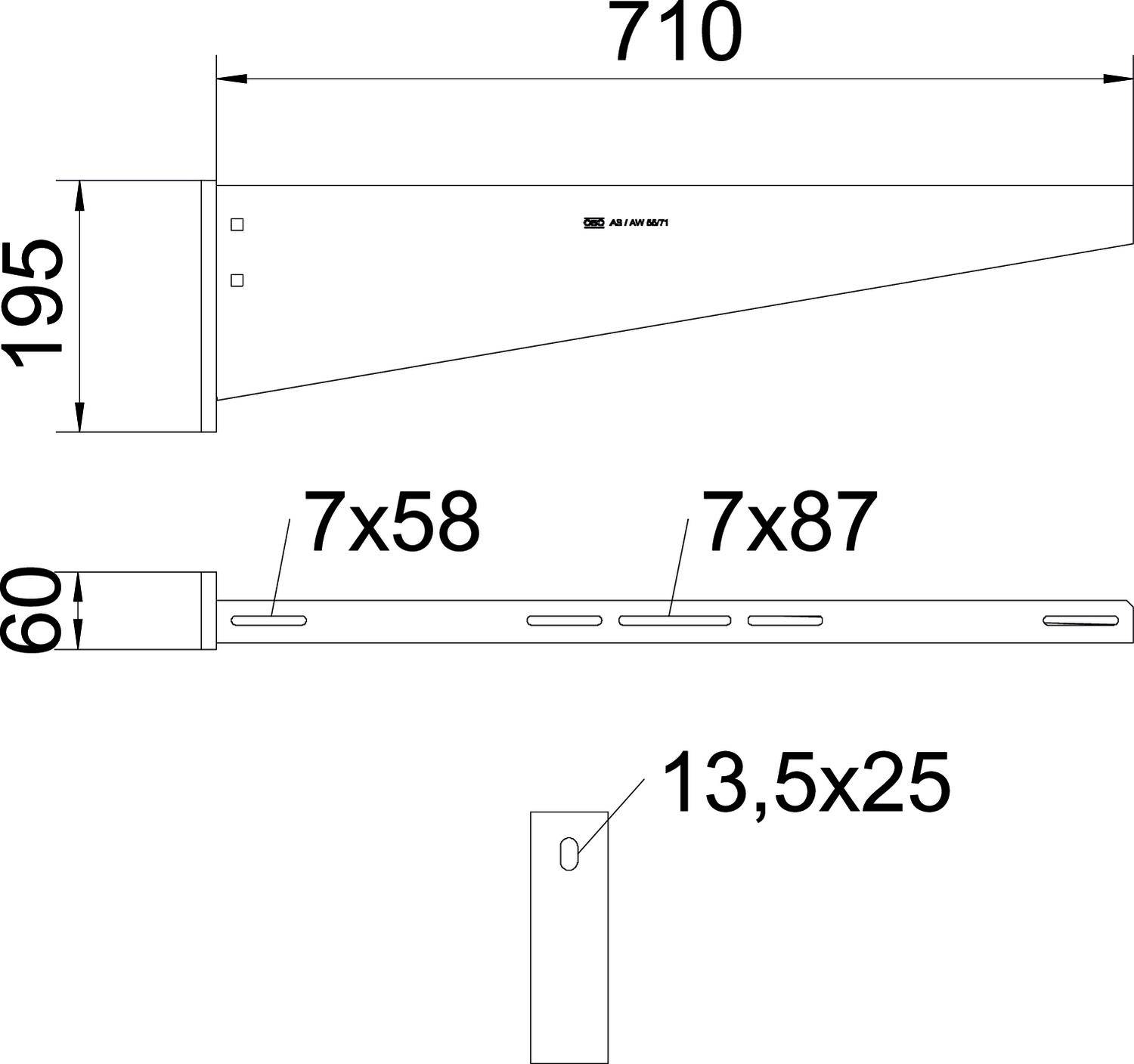 Technische Zeichnung einer Metallhalterung mit Abmessungen: Länge 710 mm, Höhe 195 mm, Breite 60 mm. Bohrlöcher und Schlitze angegeben.