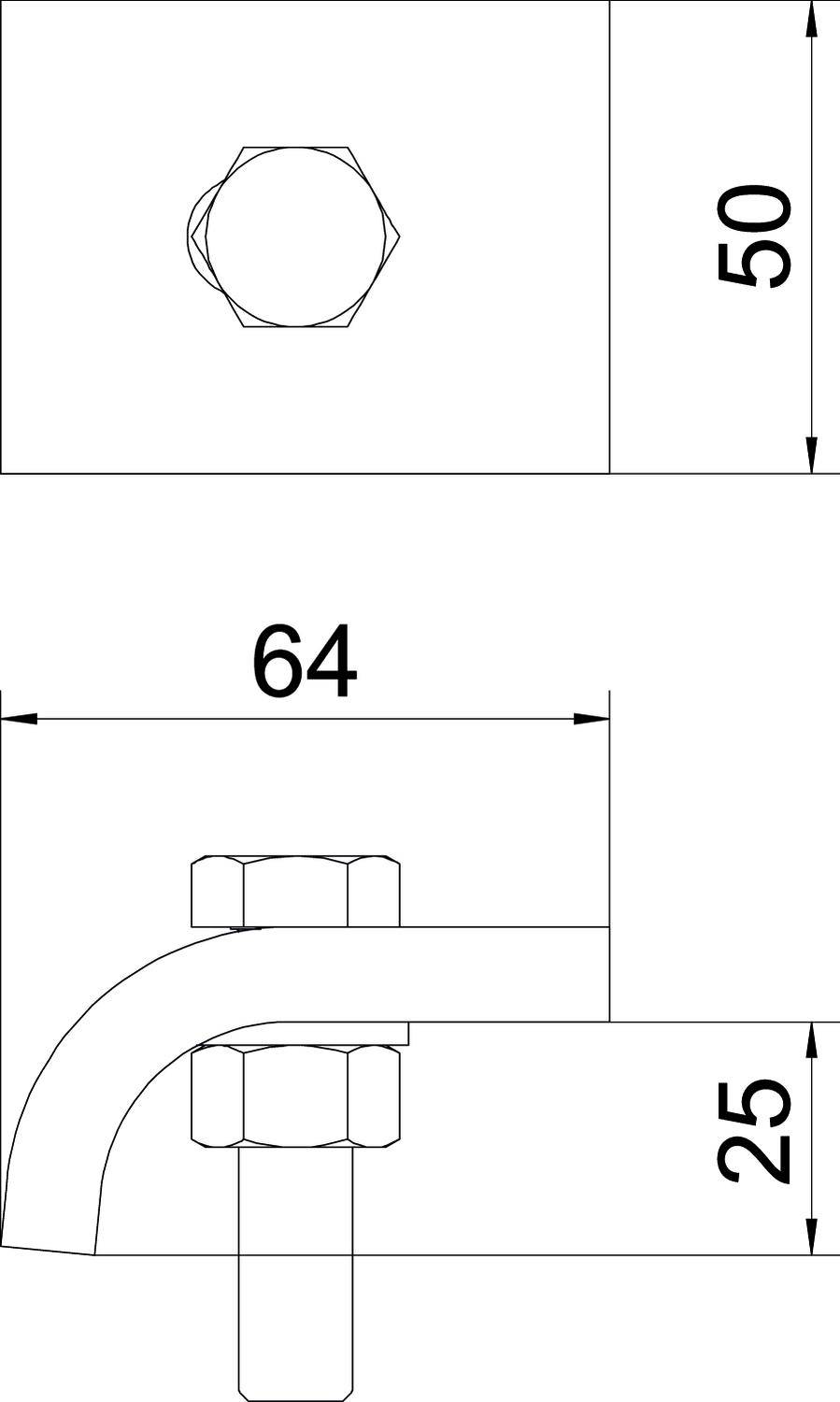Technische Zeichnung eines Winkeleisens mit abgerundeter Ecke und Schraubverbindung. Maße: obere Seite 50, untere 25, Länge 64.