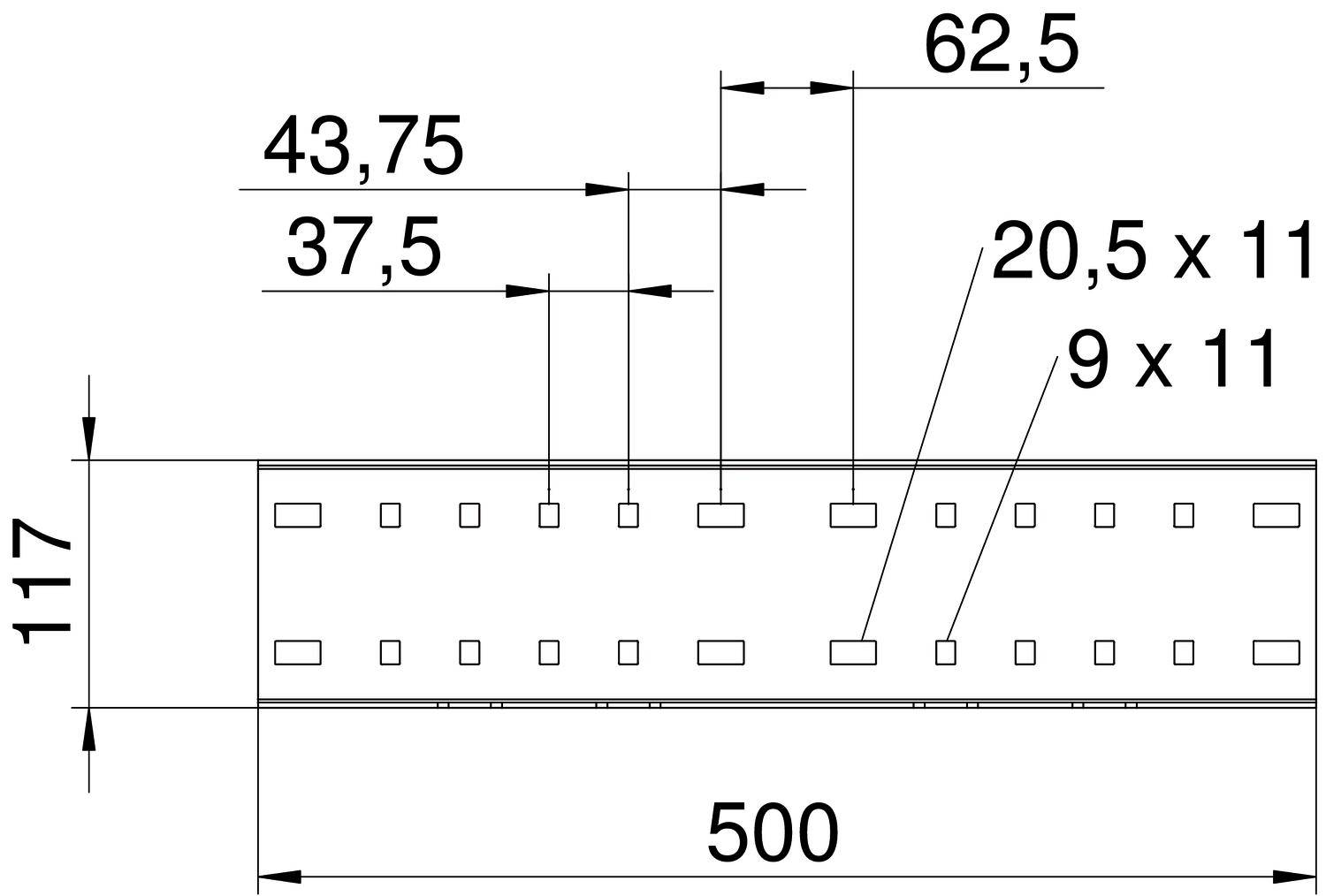 Technische Zeichnung eines rechteckigen Metallteils mit Maßen: Breite 117 mm, Länge 500 mm. Verschiedene Bohrungen sind mit Abständen markiert.