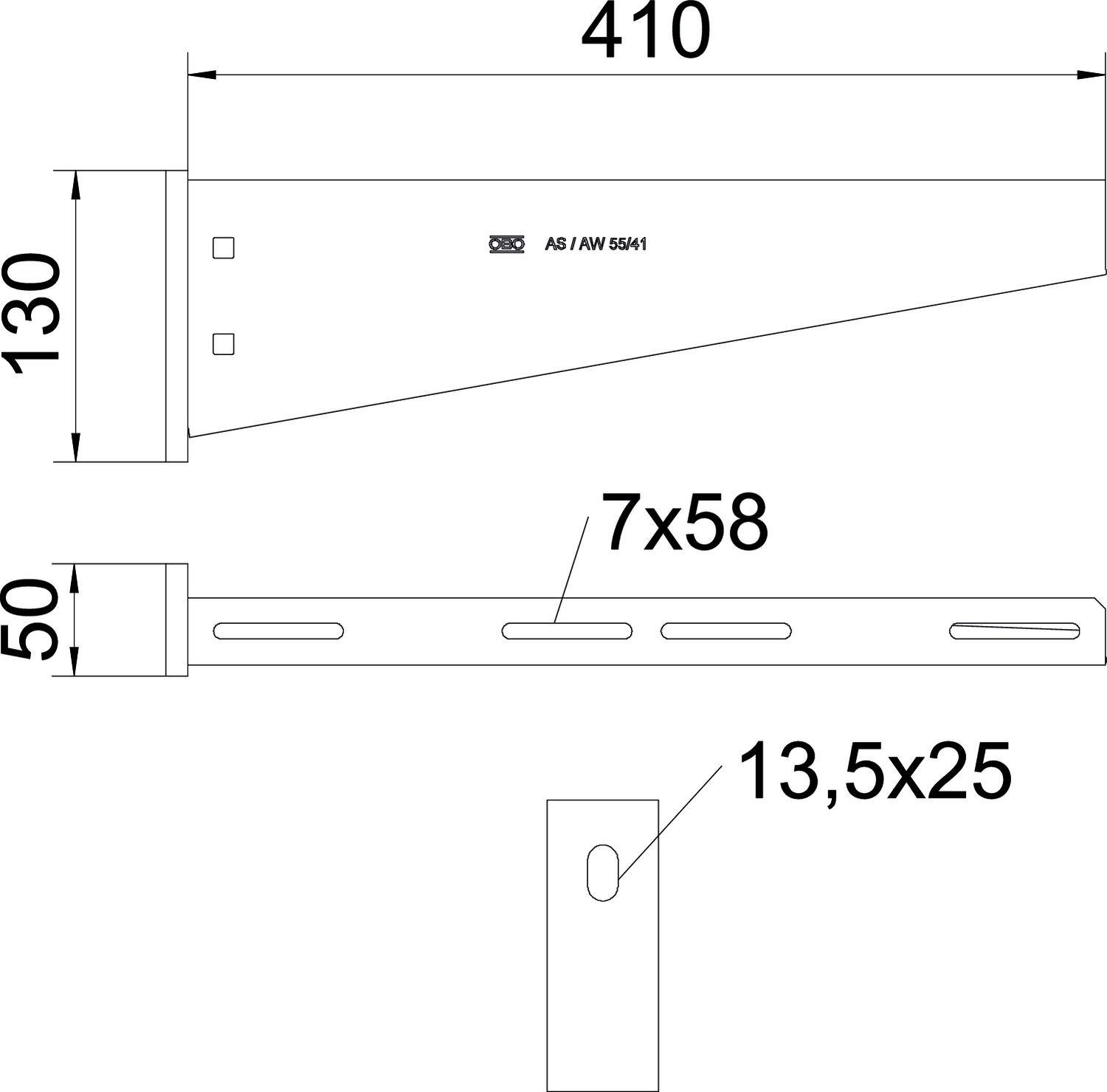 Technische Zeichnung eines Metallwinkels. Maße: 410 mm x 130 mm. Löcher: 7 mm x 58 mm, 13,5 mm x 25 mm.