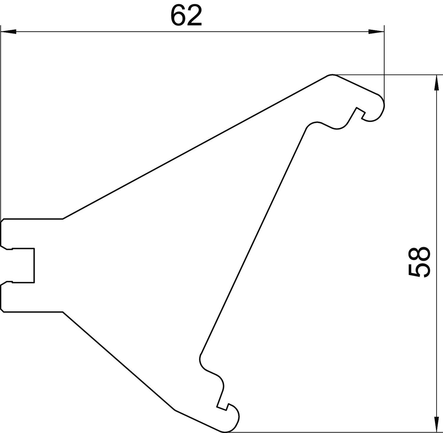 Technische Zeichnung eines Profils mit den Maßen 62 mm Breite und 58 mm Höhe.