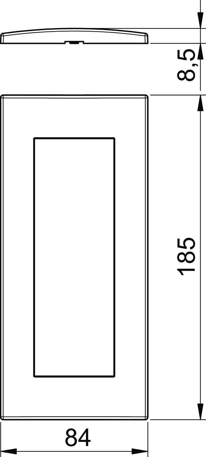 Technische Zeichnung eines rechteckigen Objekts mit den Maßen 84 mm Breite und 185 mm Höhe. Oben eine Seitenansicht mit Höhe 8,5 mm.