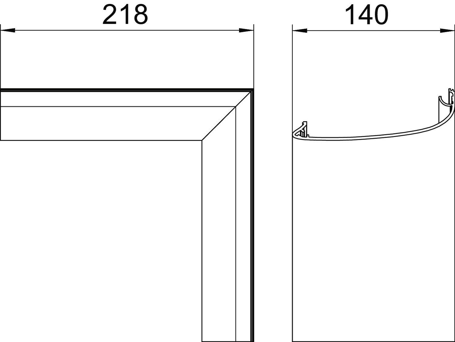 Diagramm einer Ecke mit Abmessungen: Länge 218 und Breite 140.