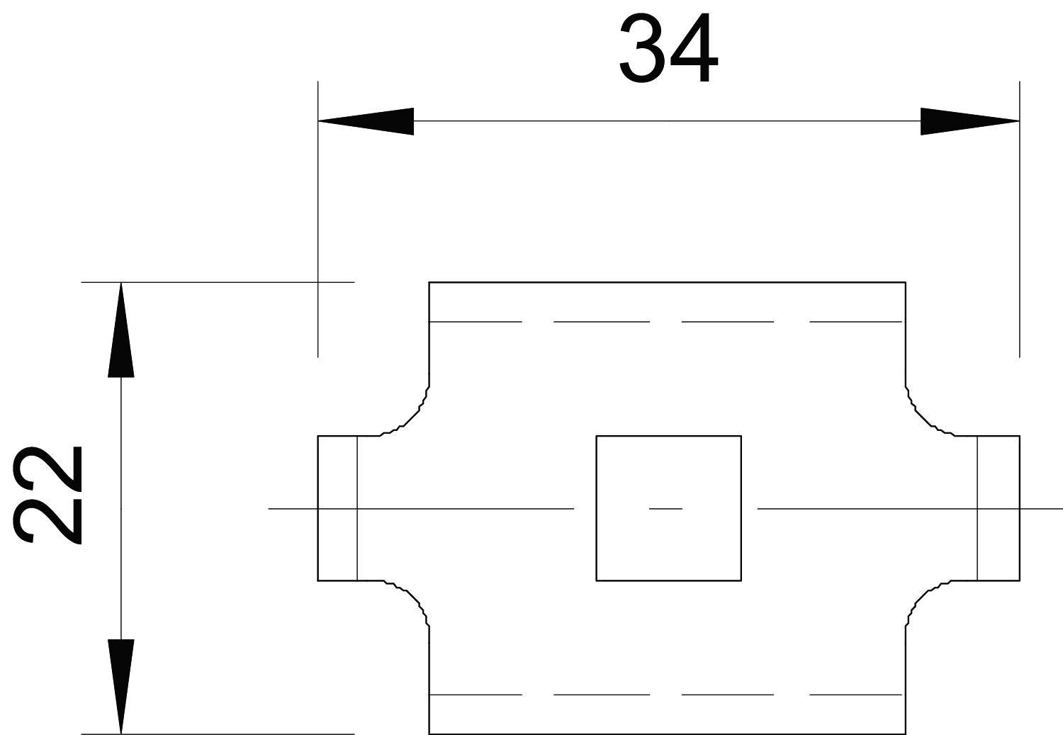Technische Zeichnung eines mechanischen Teils mit rechteckiger Form. Breite 34 mm, Höhe 22 mm. Linien und Maße sind angegeben.