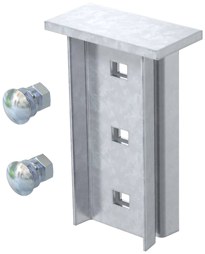 Metallischer U-Profil-Beschlag mit drei quadratischen Löchern und zwei dazugehörigen Schrauben. Geeignet für Konstruktionselemente.