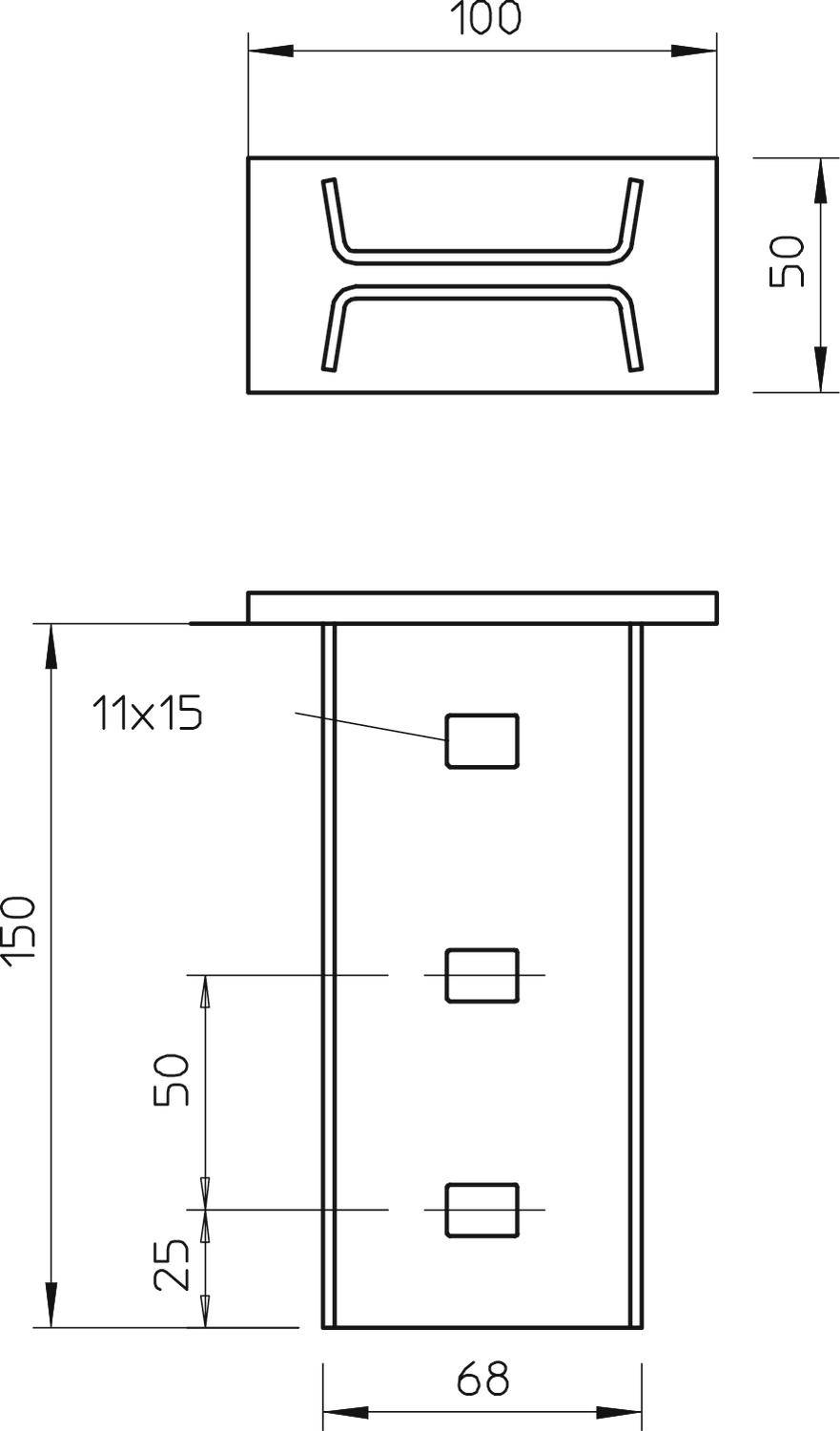 Technische Zeichnung eines rechteckigen Bauteils mit Maßen: Breite 100, Höhe 50 auf Ansicht oben; Höhe 150 auf Seitenansicht.