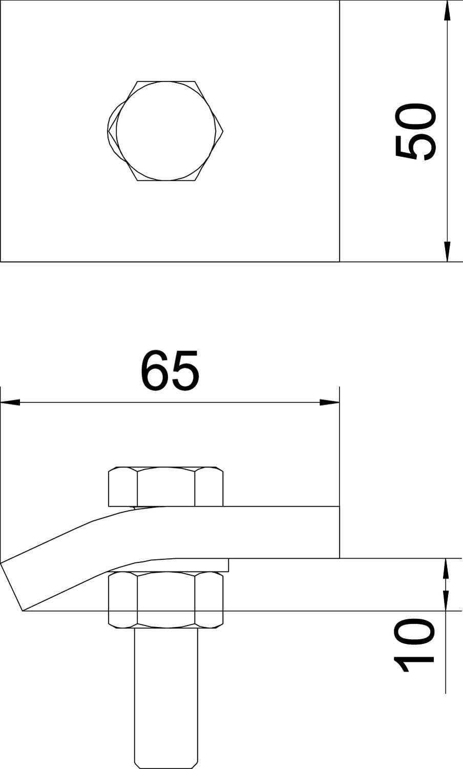 Technische Zeichnung eines Metallhalters mit Schraube, dargestellt von vorne und von der Seite. Maße: 50 mm Höhe, 65 mm Breite, 10 mm Dicke.