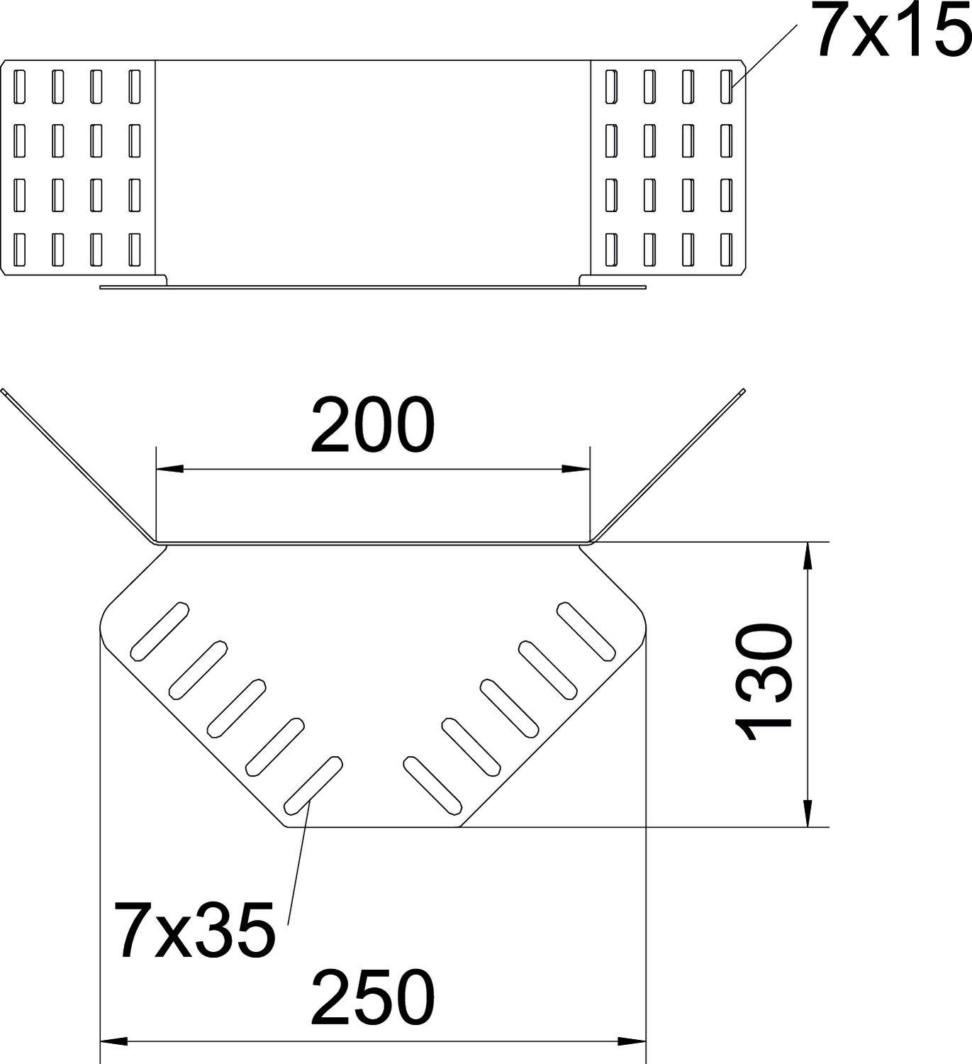 Metallwinkel mit Abmessungen: Gesamtbreite 250 mm, Höhe 130 mm, Öffnungswinkel 200 mm. Schraublöcher seitlich: 7x15 mm, unten: 7x35 mm.