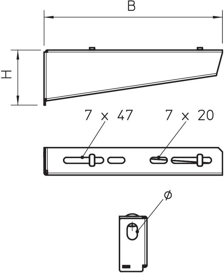 Technische Zeichnung einer Halterung mit den Maßen der Länge (B) und Höhe (H). Enthält Details zu Lochgrößen und Befestigungspositionen.