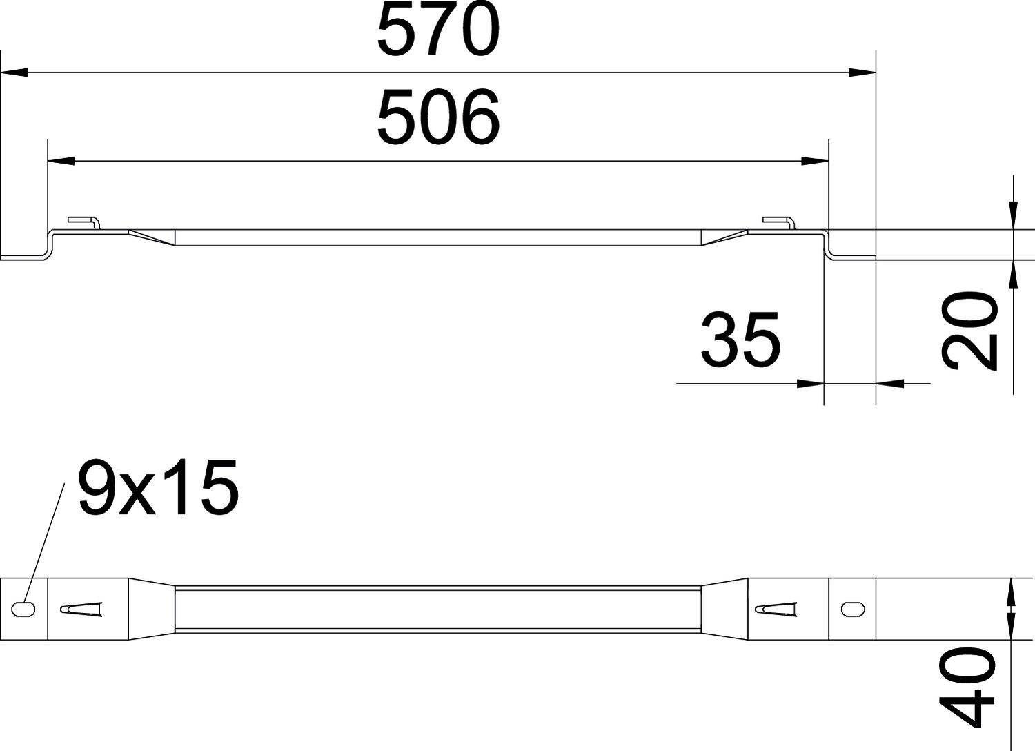 Technische Zeichnung eines rechteckigen Metallteils mit Bemaßungen: 570 mm Länge, 506 mm zwischen den inneren Kanten, Höhe 40 mm, Breite 9x15 mm.