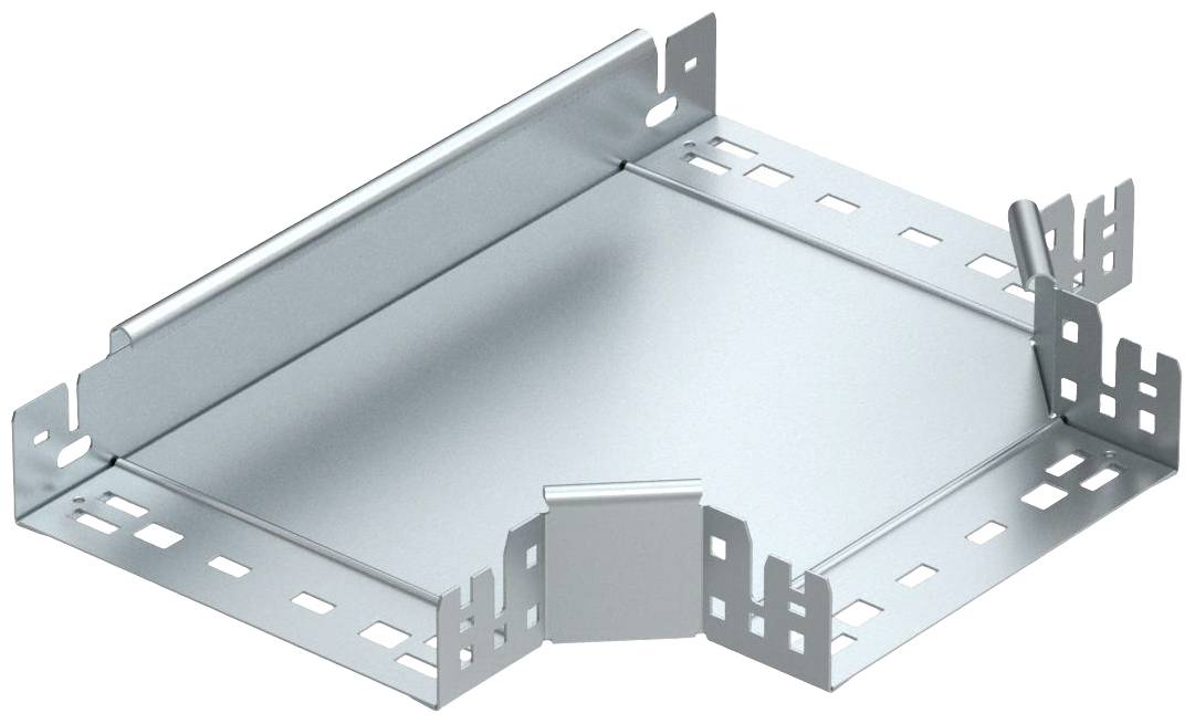 Ein verzinktes Metallkabelkanalstück mit T-förmiger Ausführung und seitlichen Öffnungen zur Verbindung mit anderen Kanalstücken.