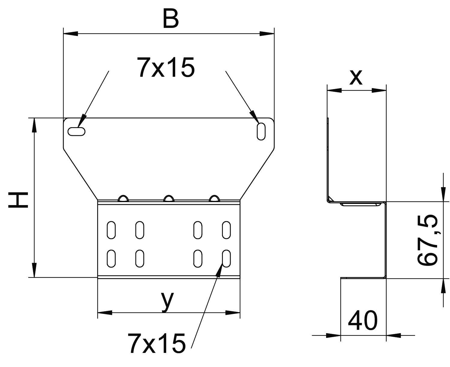 Technische Zeichnung eines Metallhalters mit Maße: B, H, x = 67,5, y = 40. Beinhaltet Bohrungsdetails, 7 Löcher je 15 mm.