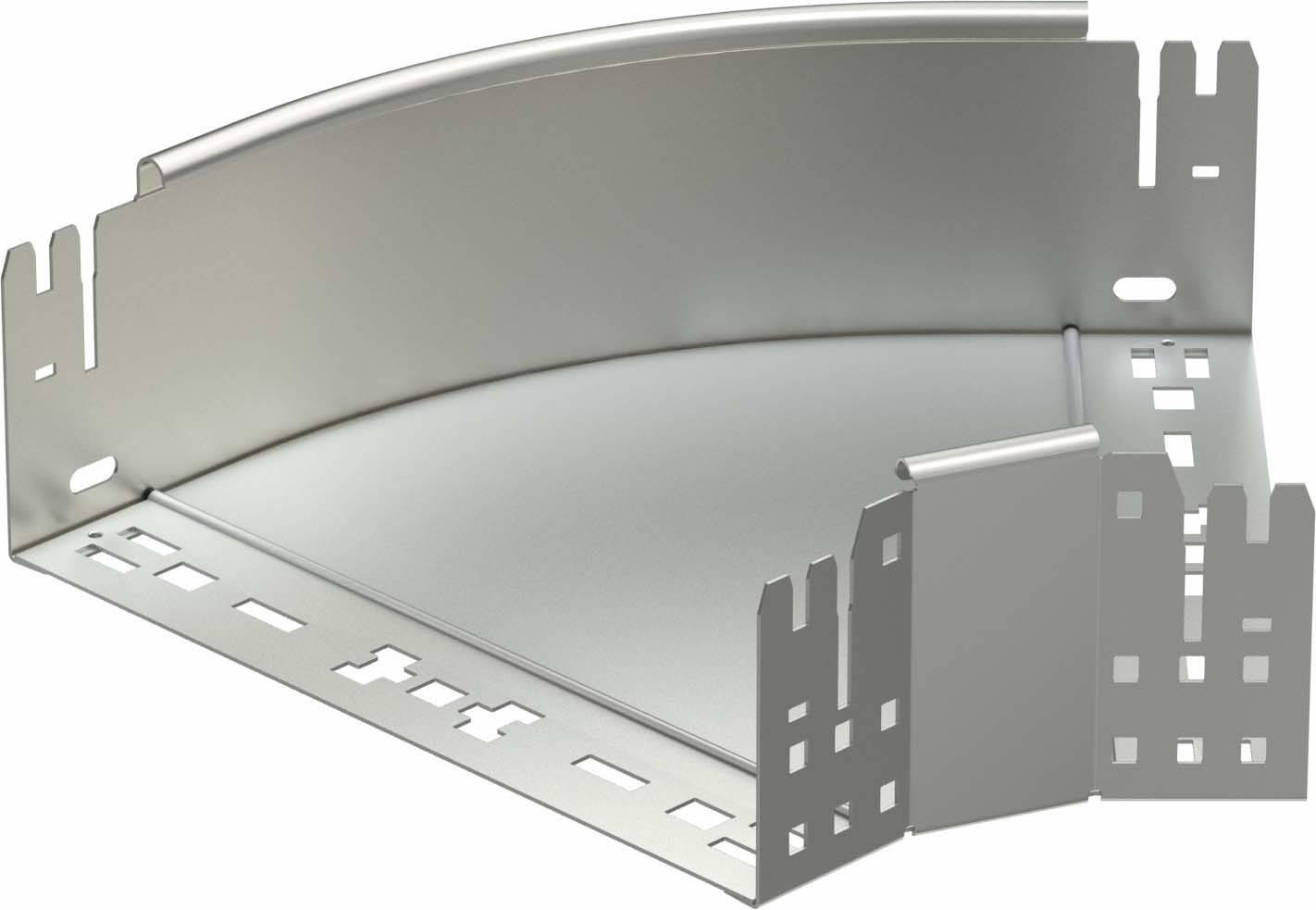 Metallene Kabelrinne, gewölbtes Eckstück, zeigt Konstruktionsweise und Öffnungen für Kabelverlegung in Infrastrukturanwendungen.