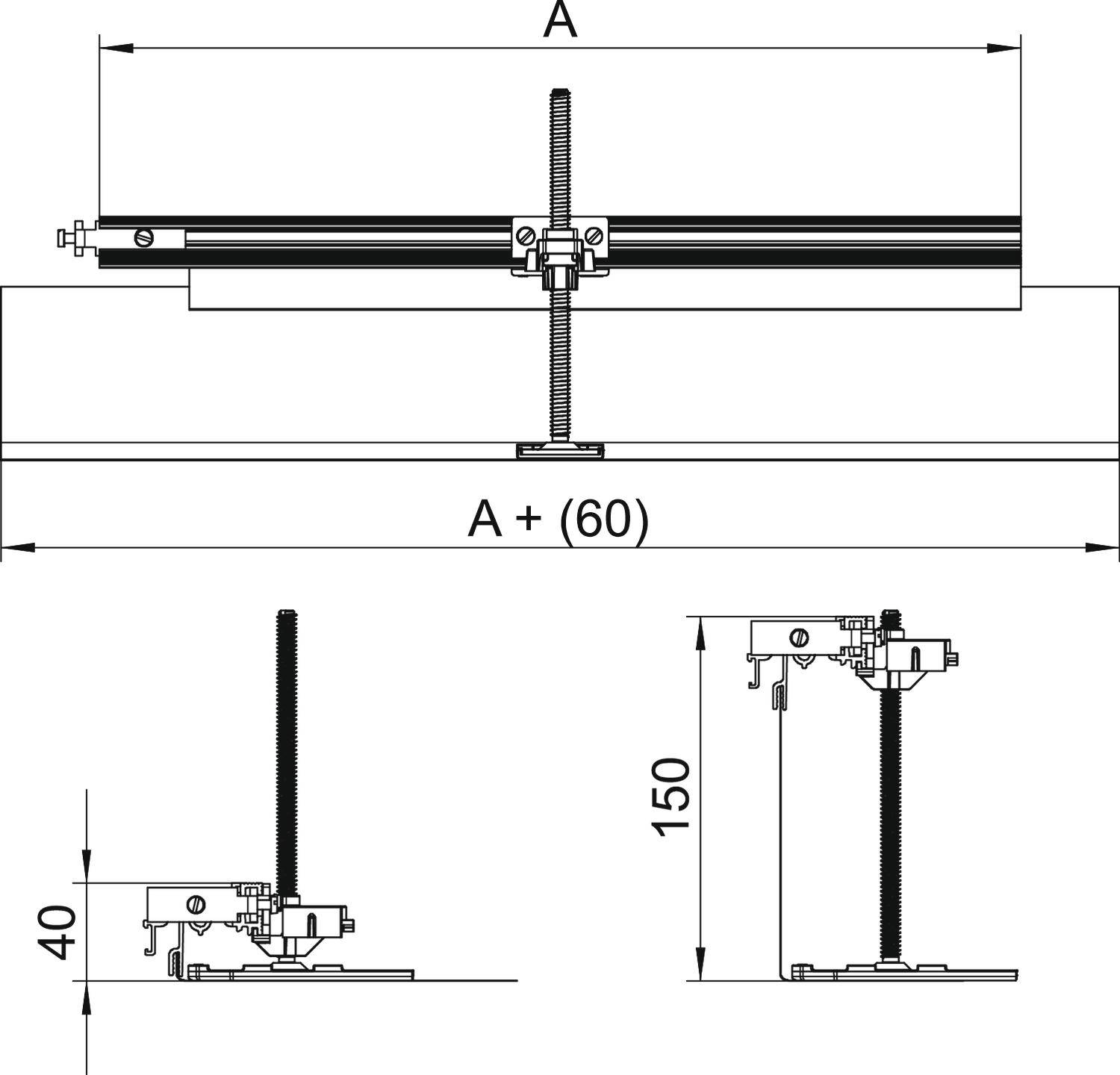 Technische Zeichnung eines Stützsystems mit linearem Ausleger. Maße: Höhe 150 mm, Breite A+60 mm, kleiner Abschnitt 40 mm.