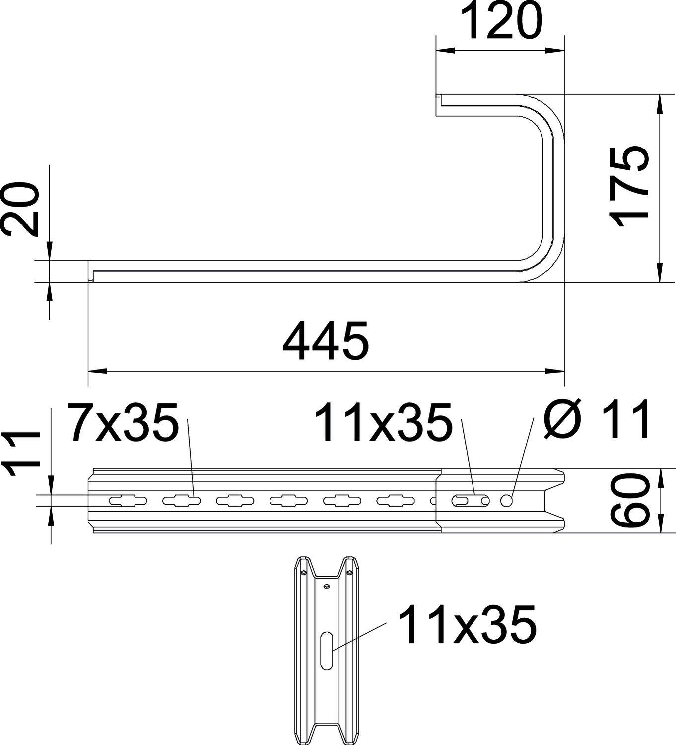 Strukturzeichnung eines Metallprofils mit Abmessungen: Länge 445, Breite 120, Höhe 175. Bohrlöcher oben Ø 11, seitlich 11x35, 7x35.