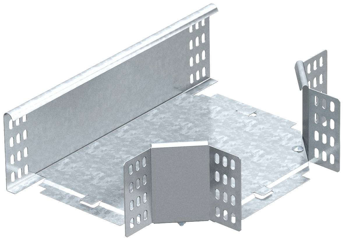 Metallisches Kabelrinnen-Eckstück mit perforierten Seiten zur Befestigung. Verwendet in Kabelmanagementsystemen zur Richtungsänderung.