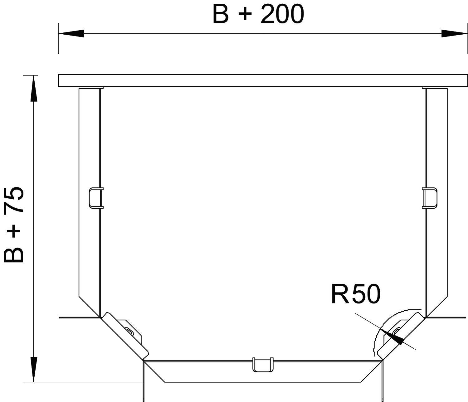 Schematische Zeichnung eines Balkons mit den Maßen B+200 in der Breite und B+75 in der Höhe. Eckenradius R50 ist markiert.