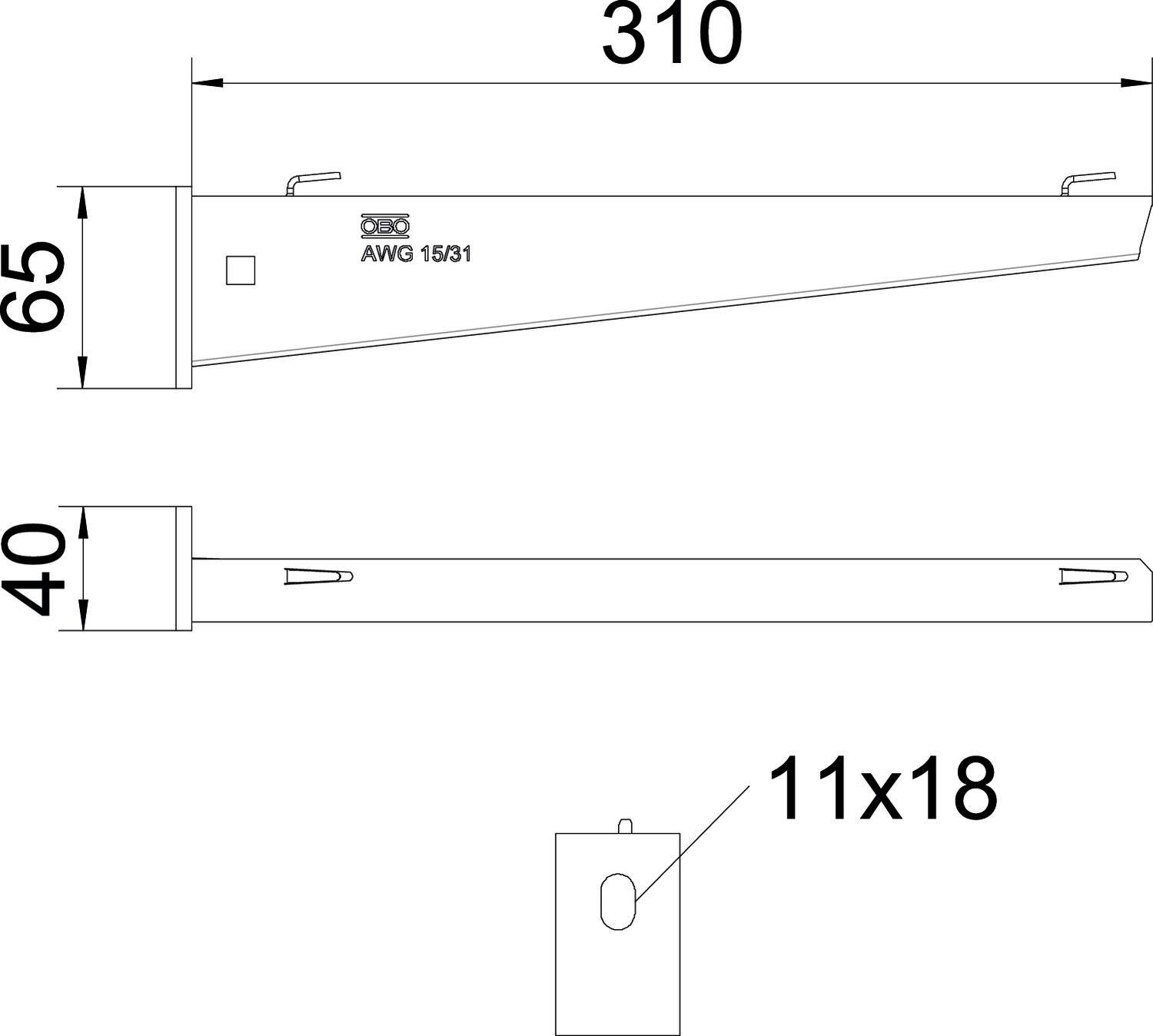 Technische Zeichnung eines Bauteils mit den Maßen 310 mm Länge, 65 mm und 40 mm Höhe. Markierung 'AWG 15/3.1'. Lochgröße: 11x18 mm.