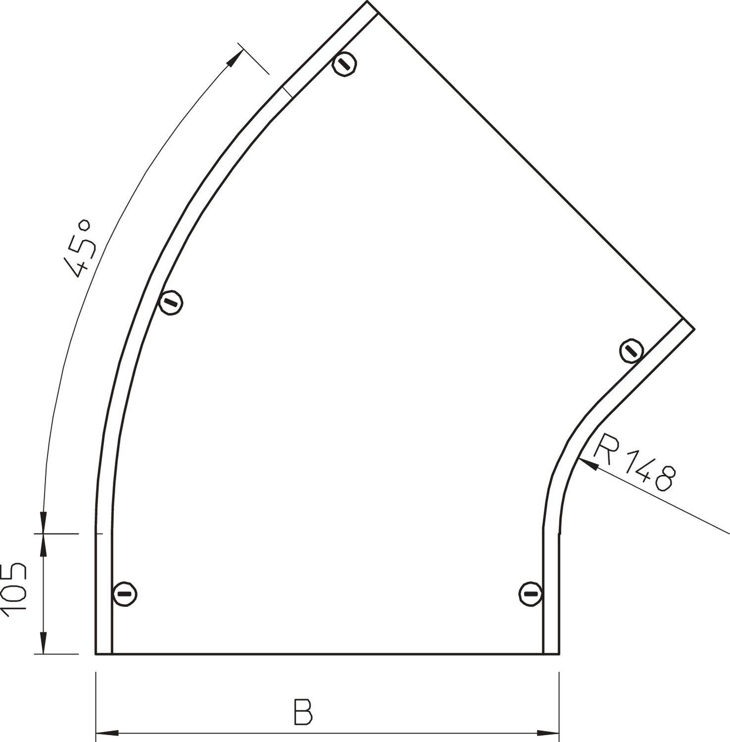 Technische Zeichnung einer Metallplatte mit gebogener Kante. Winkel von 45 Grad, Radius 148 mm, Höhe 105 mm, Breite 'B'.