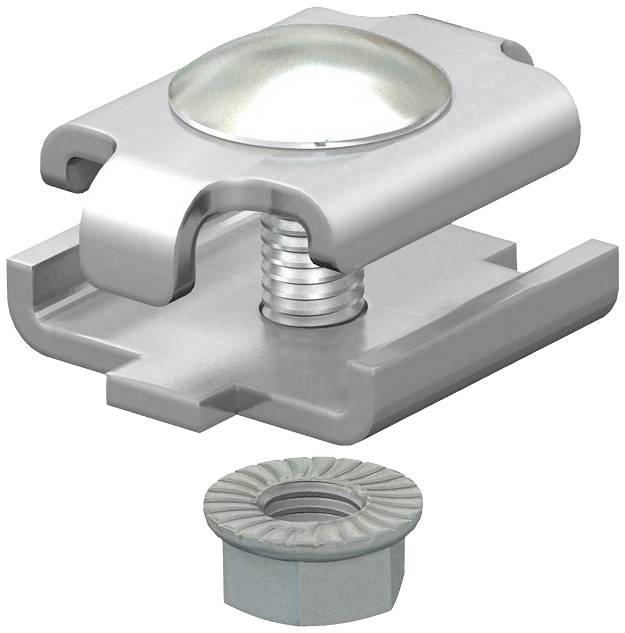 'Schraubhalter mit runder Kappe und Feder, darunter eine sechseckige Mutter. Geeignet für mechanische Befestigungen.'