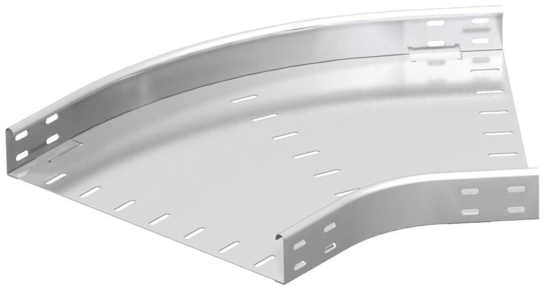 Metallische Kabelrinne mit Bogenform, zahlreichen Befestigungslöchern und erhöhter Außenkante zur Kabelführung in Industrieanwendungen.