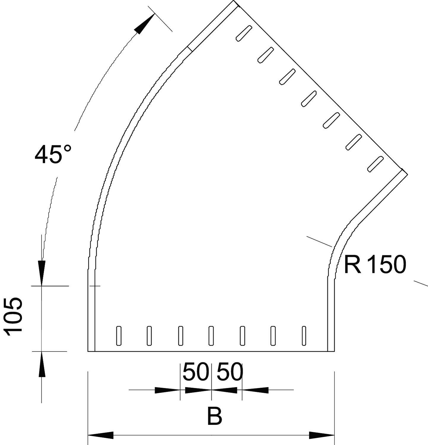 Technische Zeichnung eines Rohrbogens mit 45° Winkel. Maße: Radius 150, Gesamthöhe 105, und Breite 50 x 50.