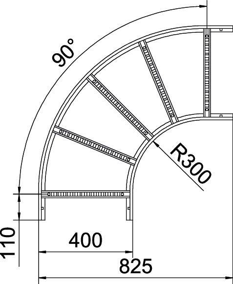 Technische Zeichnung eines gebogenen Metallträgers: Radius 300 mm, Länge 825 mm, Höhe 110 mm, Öffnungswinkel 90 Grad.