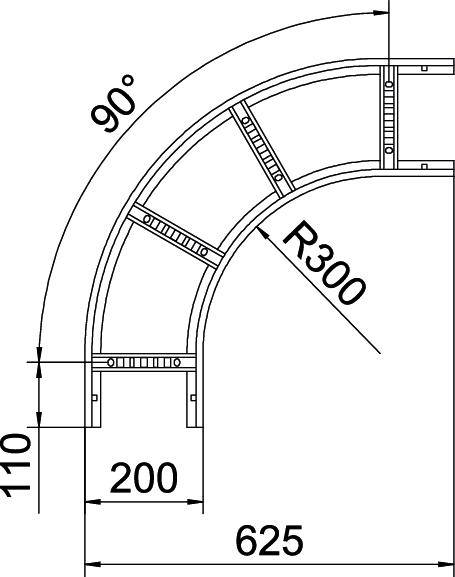 Technische Zeichnung eines 90-Grad-Winkels mit einem Biegeradius von R300, Länge 625 mm, Breite 200 mm, Höhe 110 mm.