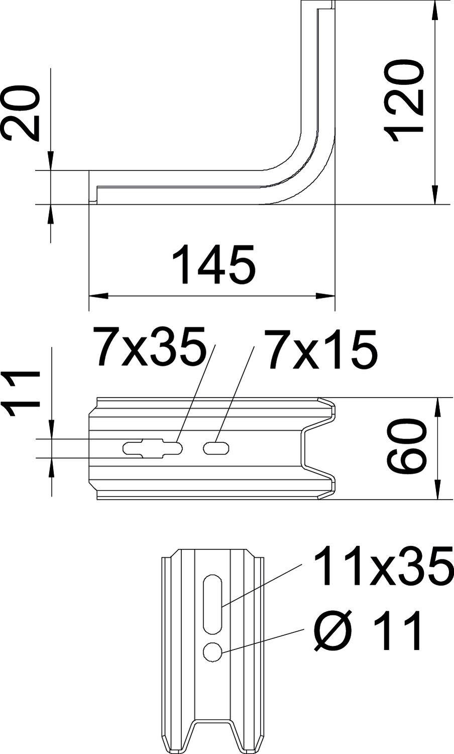 Technische Zeichnung eines Metallwinkels mit Maßen: 145 mm Länge, 120 mm Höhe, 20 mm Breite. Bohrungen: 7x35, 7x15, Ø11 mm.