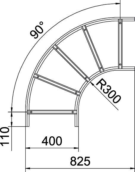 Technische Zeichnung eines 90-Grad-Winkels mit einem Radius von 300 mm, einer Breite von 110 mm und Längen von 400 mm und 825 mm.