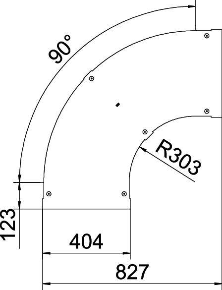 Ein technischer Zeichnungsabschnitt zeigt einen 90-Grad-Winkel mit Beschriftungen: 123 mm, 404 mm, 827 mm, und Radius R303.