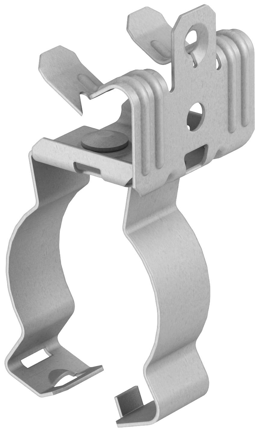 Metallklemmschelle mit gewelltem Design und Haken. Sie dient zur Befestigung von Kabeln oder Rohren an einer festen Oberfläche.