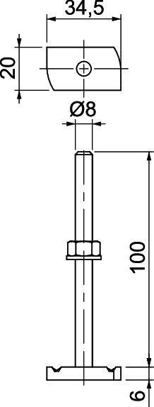 Technische Zeichnung eines Bolzens: Länge 100 mm, Durchmesser 8 mm, Kopfmaße 34,5 x 20 mm.