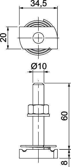 Technische Zeichnung eines Schraubbolzens mit Maßen: Durchmesser 10 mm, Gesamthöhe 60 mm, Kopfbreite 34,5 mm, Kopfhöhe 20 mm.