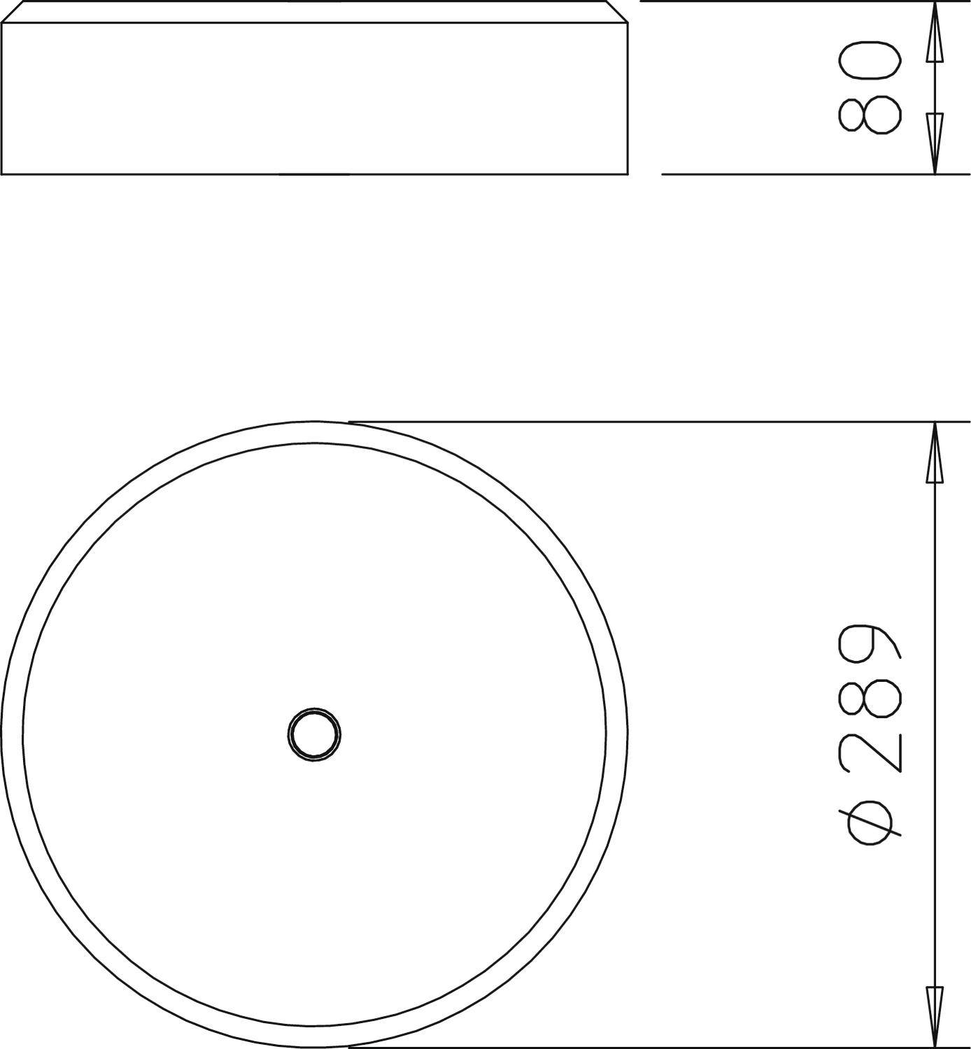 Technische Zeichnung eines zylindrischen Objekts mit einem Durchmesser von 289 mm und einer Höhe von 80 mm, Aufsicht und Seitenansicht.