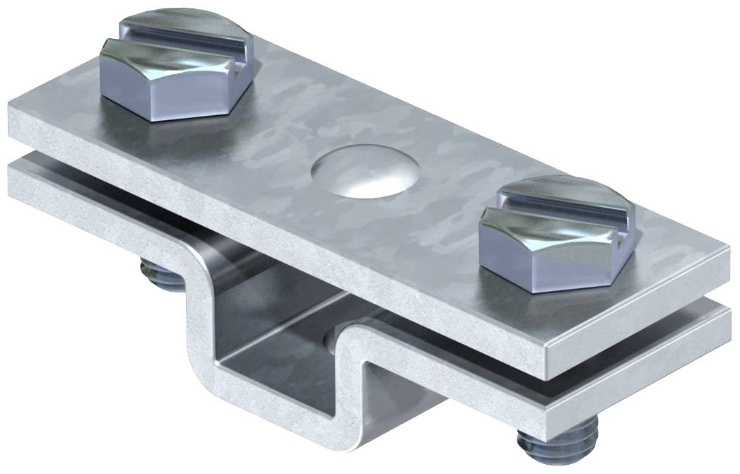 Metallische Klemme mit zwei Schrauben zur Befestigung an strukturellen Elementen.