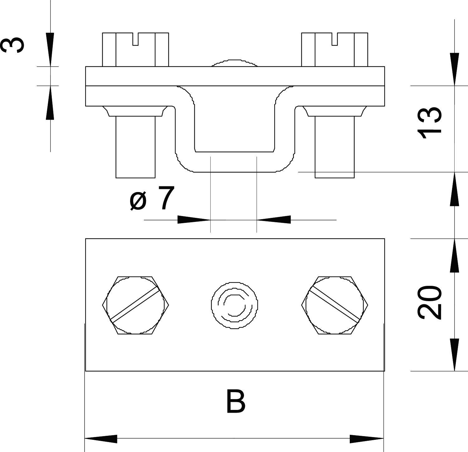 Technische Zeichnung einer Halterung mit Schraubenlöchern (Ø 7 mm) und den Maßen 3 mm, 13 mm, und 20 mm Höhe, Breite 'B'.