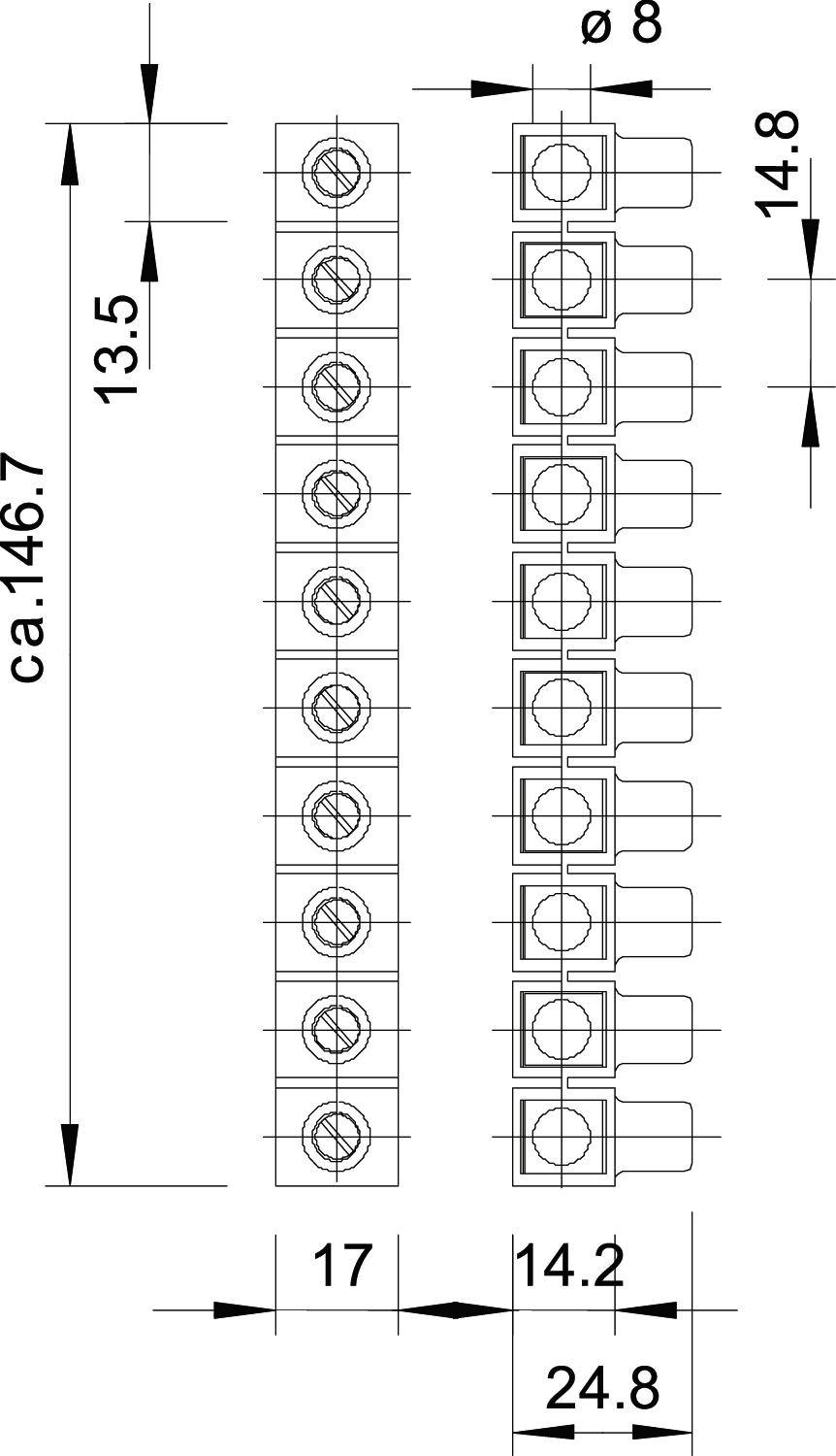 Zeichnung eines Anschlussblocks mit 12 Polen. Maße sind ca. 146,7 mm lang, 13,5 mm hoch und 24,8 mm breit. Lochdurchmesser 8 mm.