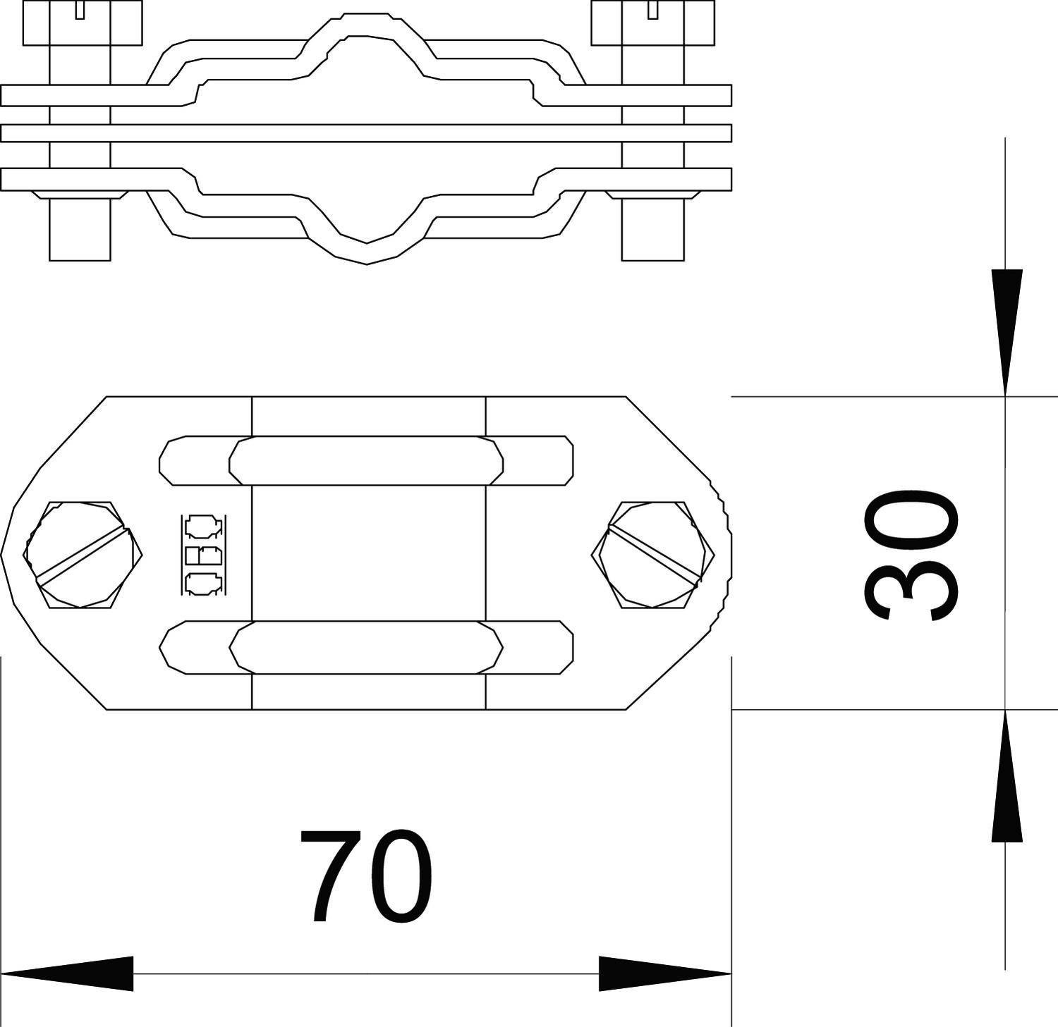 Technische Zeichnung eines rechteckigen Bauteils mit Abmessungen 70 mm Breite und 30 mm Höhe. Schrauben und Befestigungselemente sichtbar.