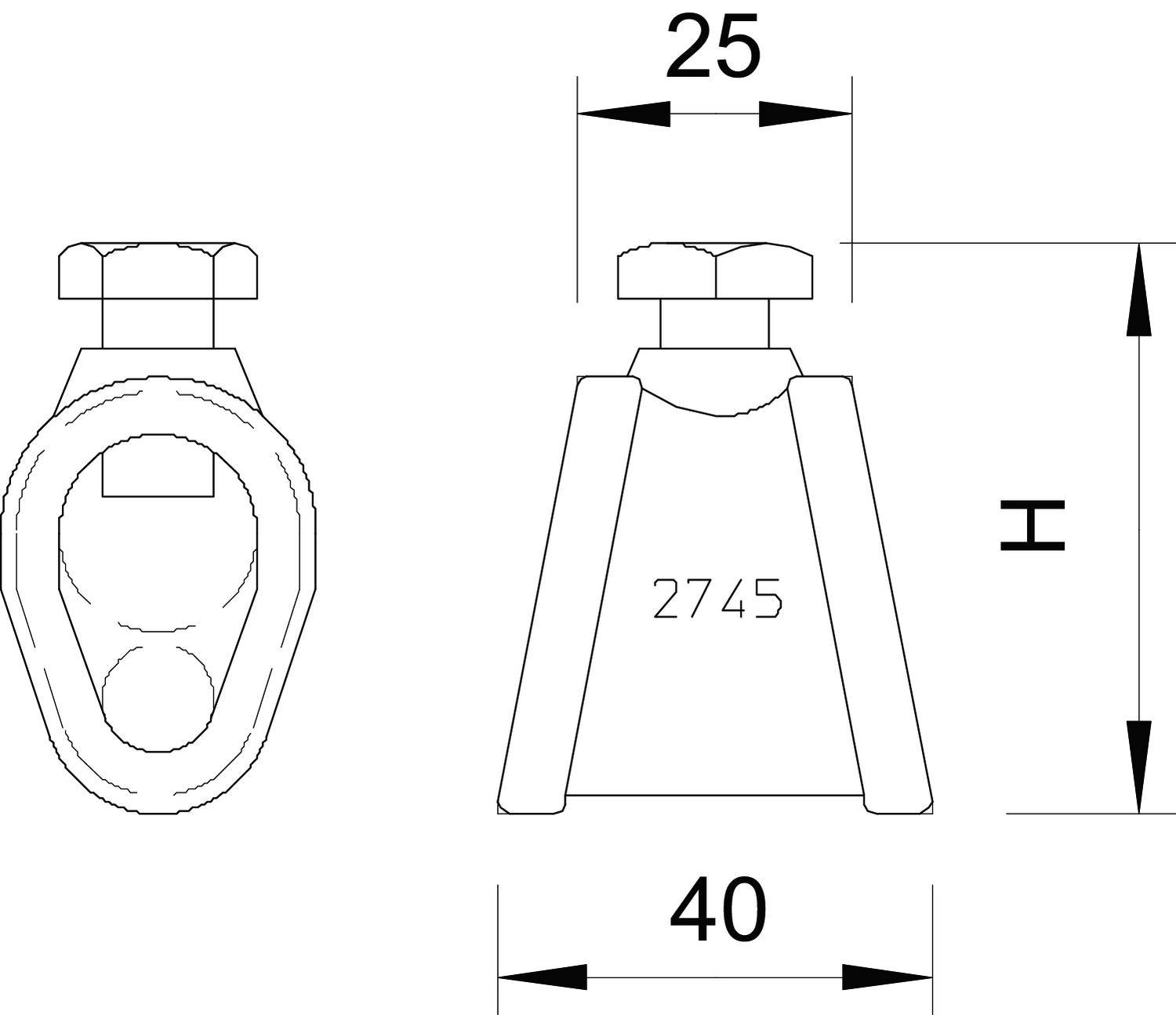 Technische Zeichnung einer mechanischen Komponente mit Maßen: Obere Breite 25 mm, Untere Breite 40 mm, Kennzeichnung '2745'.