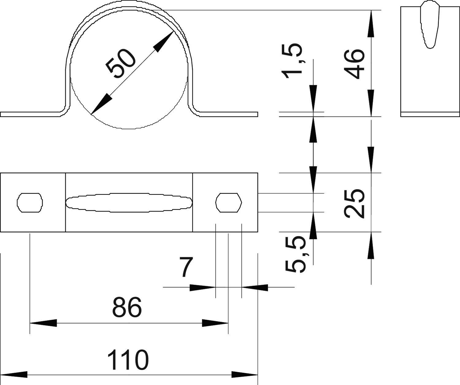 Technische Zeichnung eines Rohrschellenhalters mit Maßen: Durchmesser 50 mm, Gesamtlänge 110 mm, Höhe 46 mm, Lochabstände angegeben.