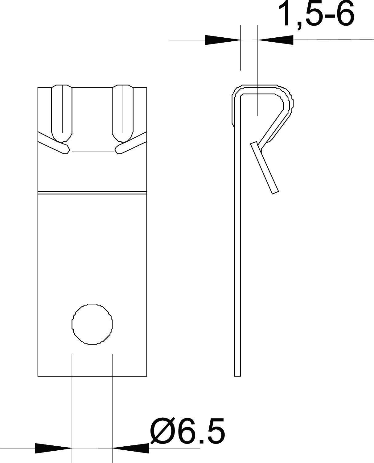 Technische Zeichnung eines Clips, seitliche und obere Ansicht, Messangaben zur Breite (1,5-6 mm) und Durchmesser (Ø6,5 mm).