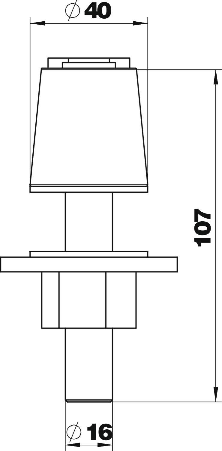 Technische Zeichnung eines zylindrischen Bauteils mit den Maßen: Durchmesser oben 40 mm, Höhe 107 mm, und Durchmesser unten 16 mm.