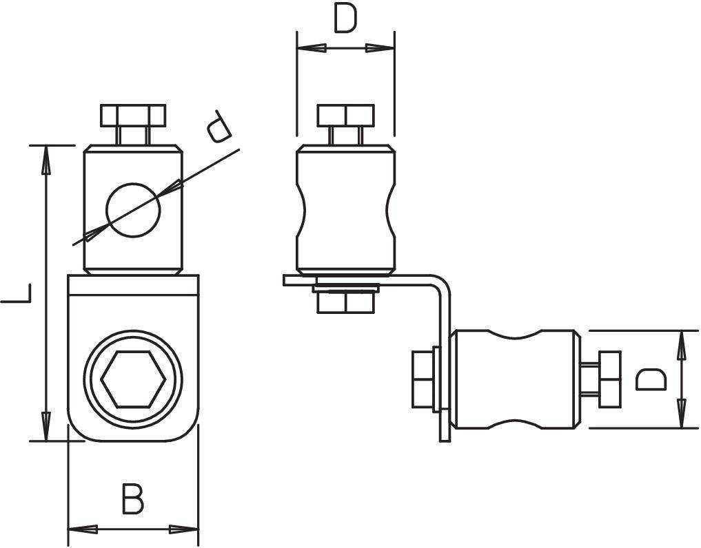 Technische Zeichnung eines Montageelements mit Bemaßungen B, D, und d. Zeigt zwei Ansichten: Vorder- und Seitenansicht mit Schraubenanordnung.